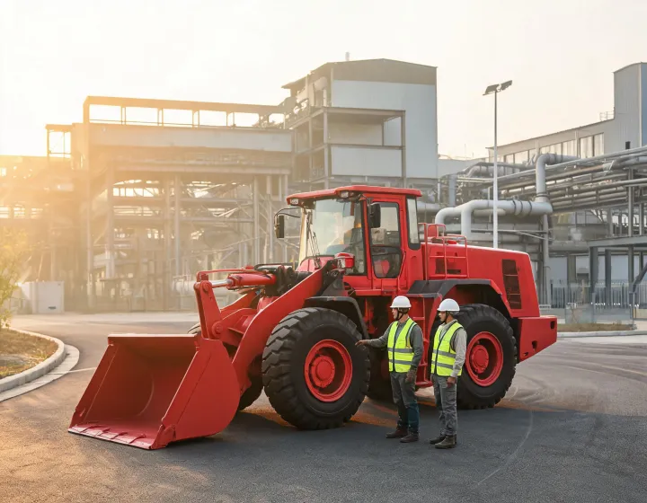 XCMG plant engineers beside wheel loader on test track
