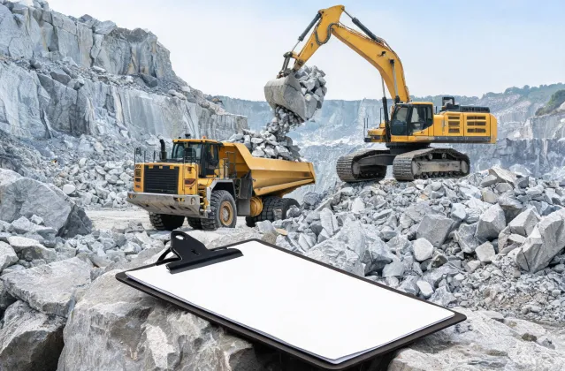 Quarry excavator loading dump truck during case study