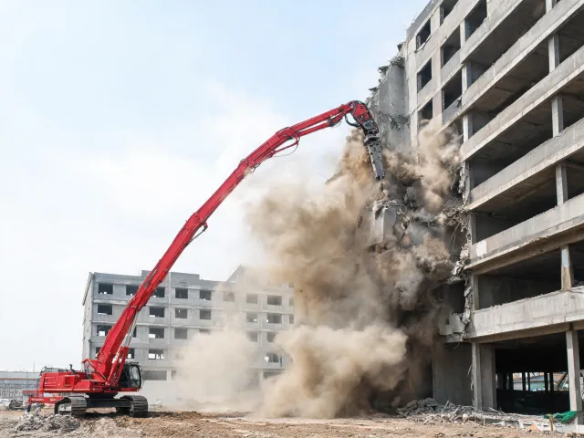 Building demolition with high-reach excavator