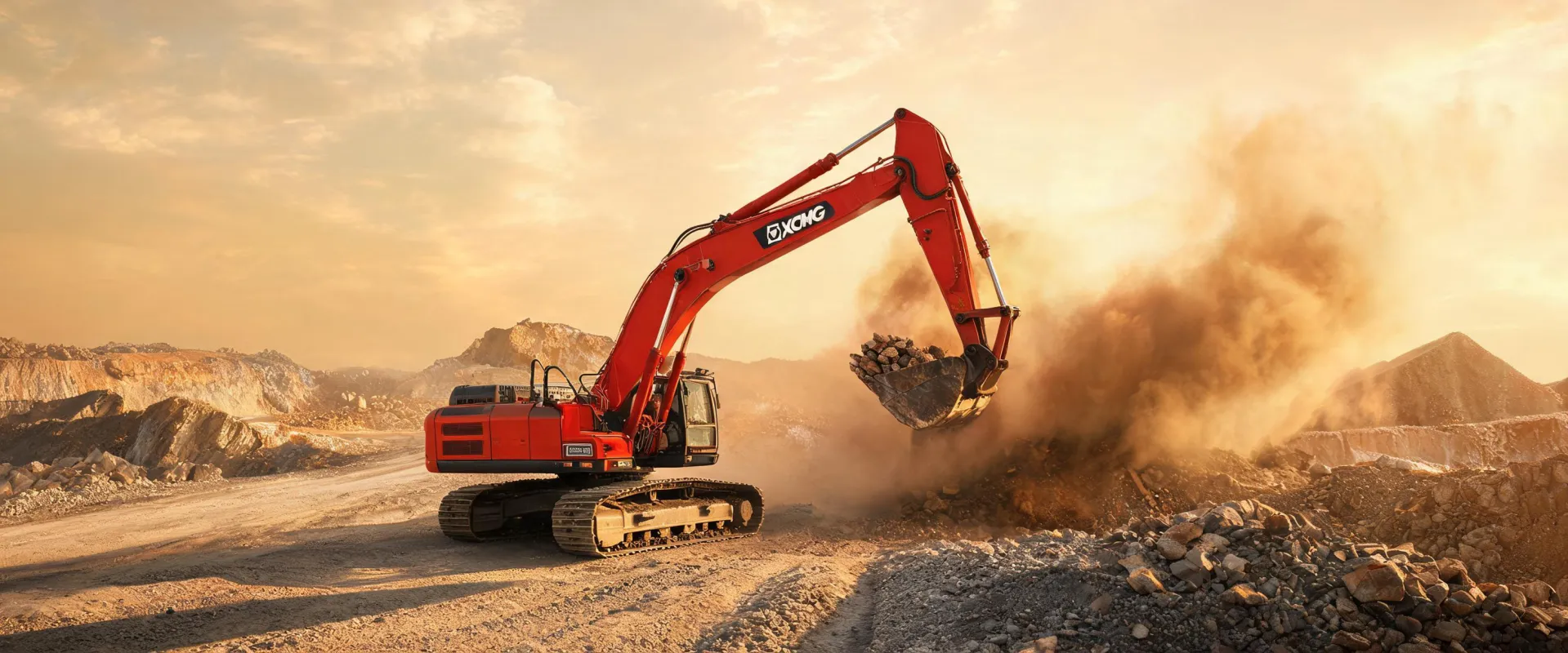 XCMG crawler excavator on quarry haul road