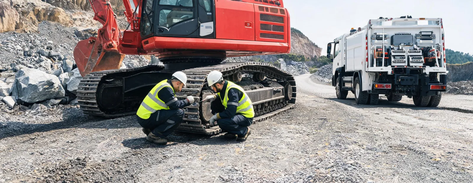 XCMG field service team inspecting excavator undercarriage